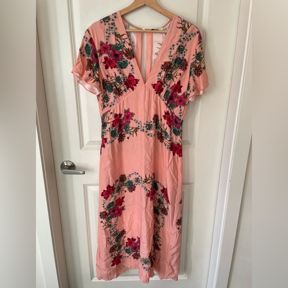 Sandro | Tissia Pink Floral Rose | Viscose | A-Line Prairie Midi Dress | Small - Picture 3 of 11